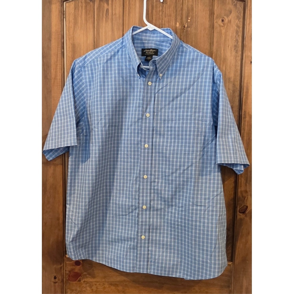 Eddie Bauer Button Down Shirt Mens L Blue Plaid Relaxed Fit Wrinkle Resistant